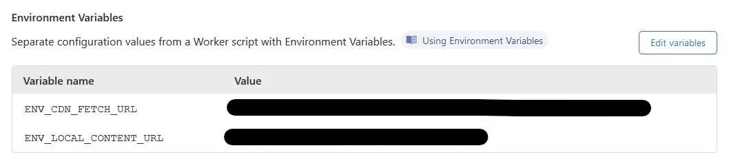 Example setting an environment variable in the Cloudflare Workers Settings