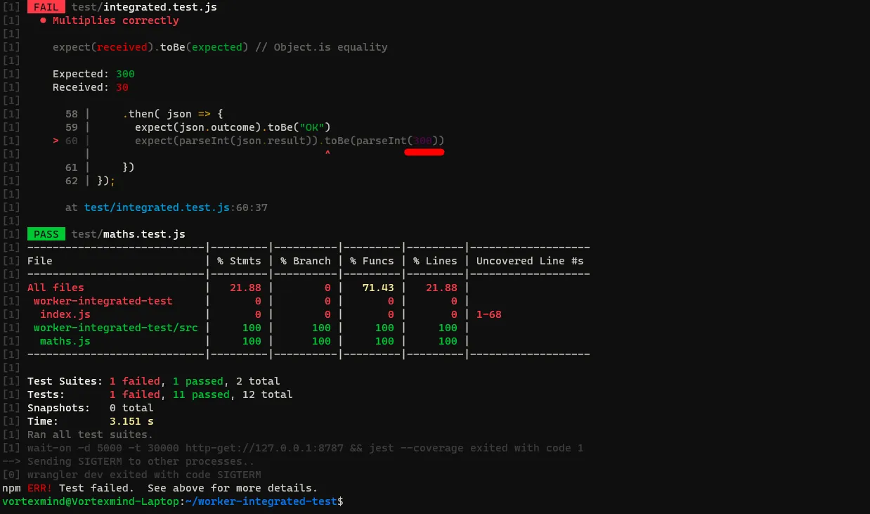 Output of npm run test when test is forced to fail