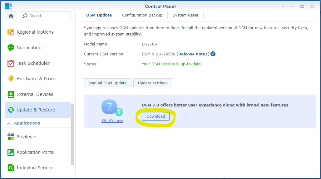 Synology DSM - Control Panel- Update & Restore