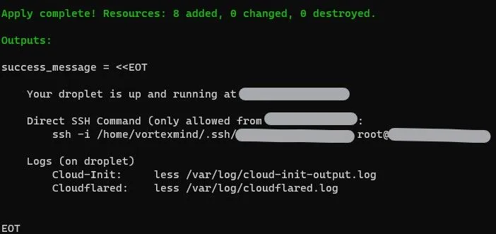 Output of Terraform Apply with useful commands
